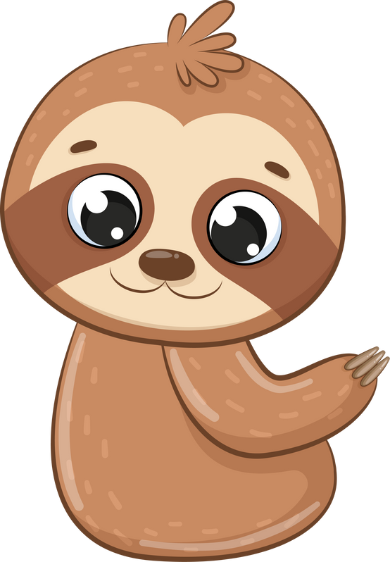 The cute sloth is sitting and smiling.