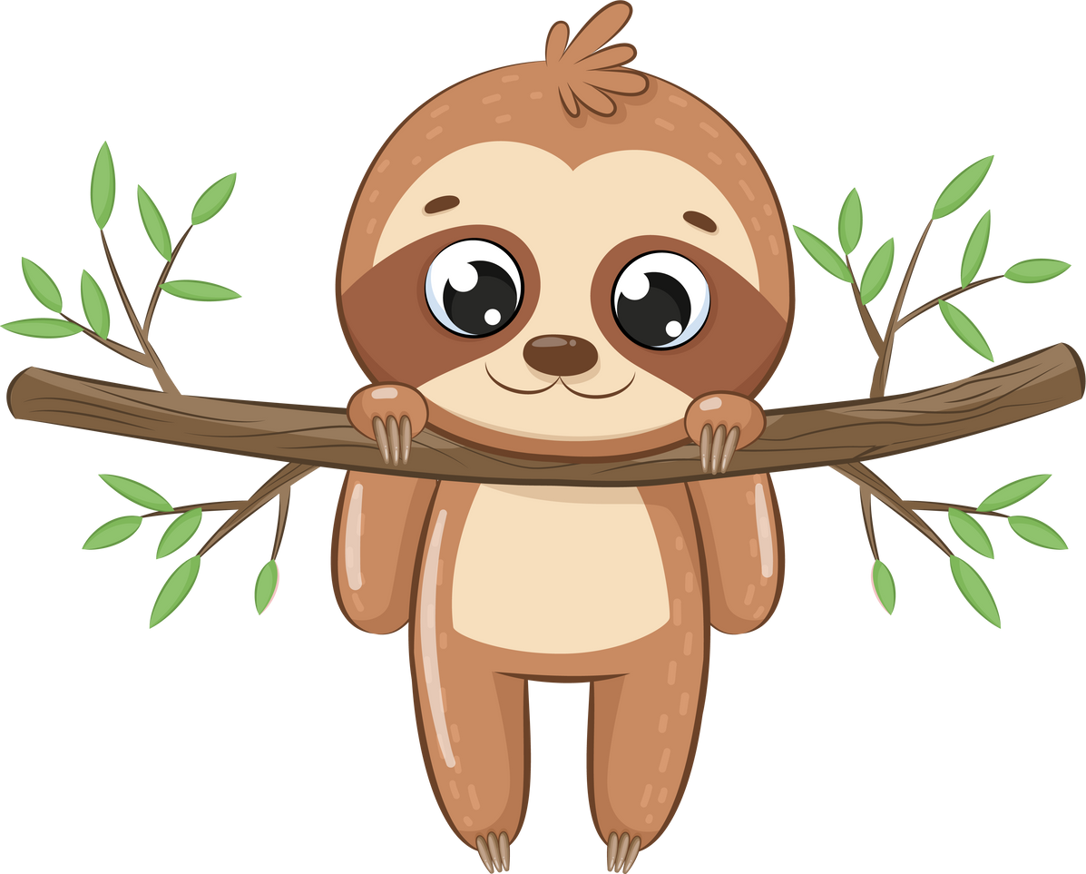 Cute sloth hanging on a tree branch.
